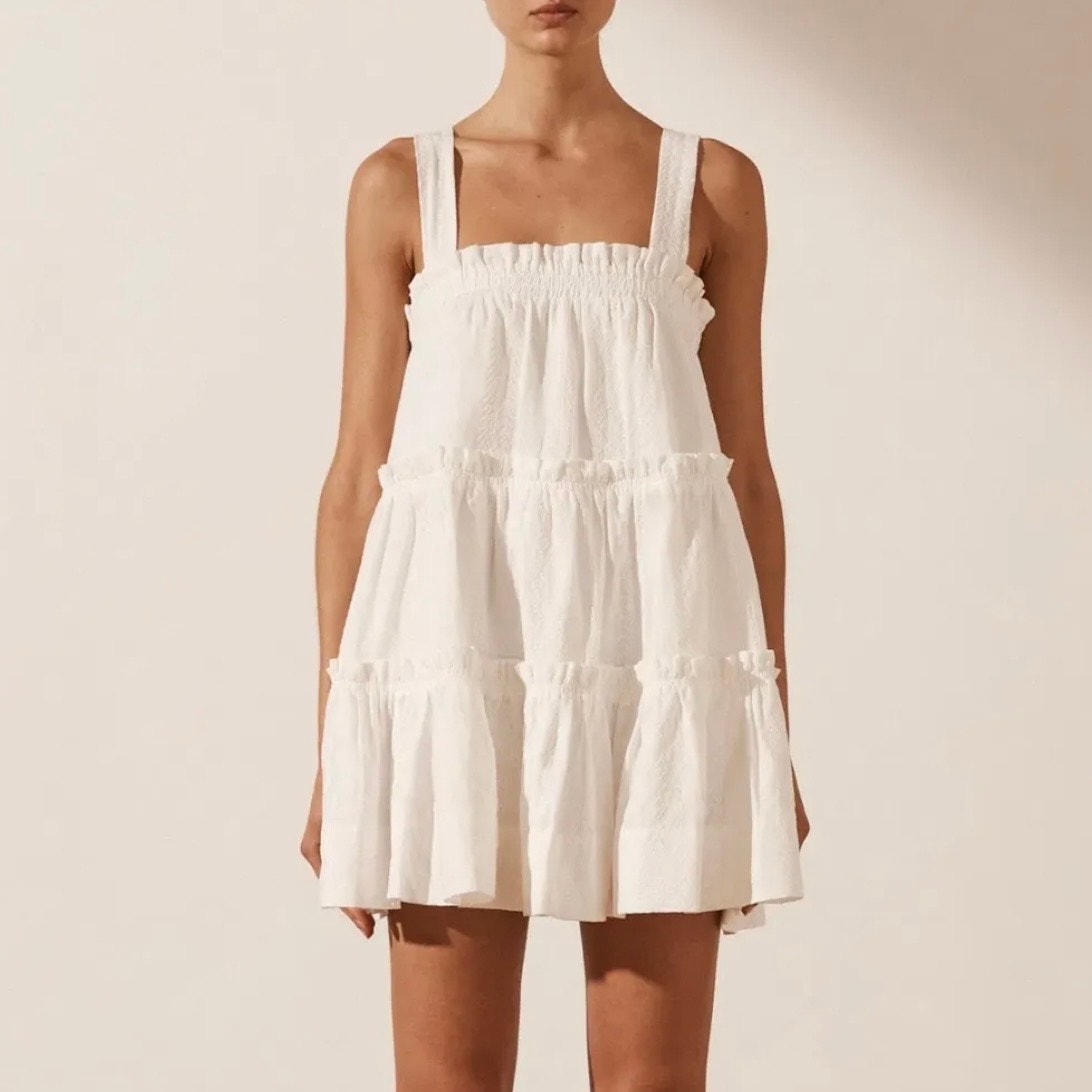 Shona Joy Cosmo Tiered Linen Mini Dress Xs White Nwt Resort Summer